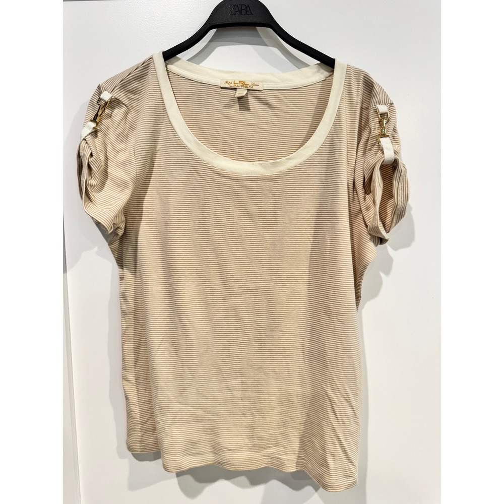 Ralph Lauren LRL Tan White Striped Cotton Top Buckle Sleeve XL